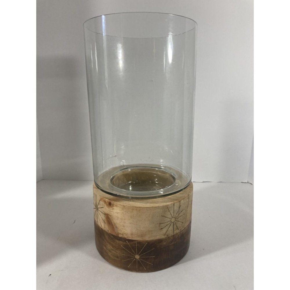 New Open Box Modern Inlay Hurricane Tall Candle Holder Glass With Wood Base